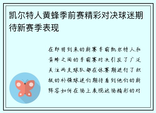 凯尔特人黄蜂季前赛精彩对决球迷期待新赛季表现